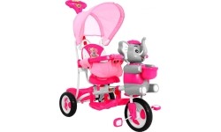 Trójkołowy rowerek dziecięcy Elephant Pink + dźwięki + daszek + barierka + podnóżek + rączka + koszyk