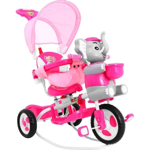 Trójkołowy rowerek dziecięcy Elephant Pink + dźwięki + daszek + barierka + podnóżek + rączka + koszyk