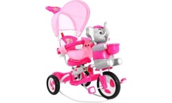 Trójkołowy rowerek dziecięcy Elephant Pink + dźwięki + daszek + barierka + podnóżek + rączka + koszyk