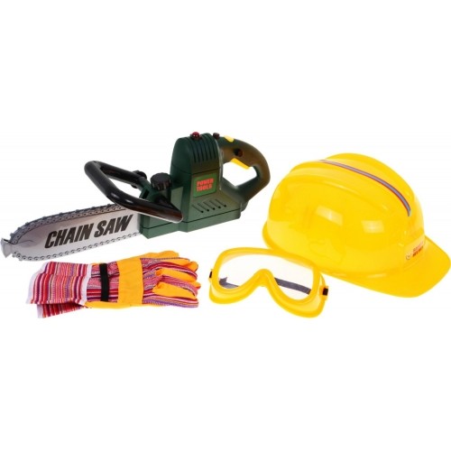 Duży zestaw z piłą łańcuchową, rękawice, okulary i kask