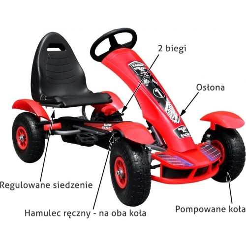 Duży gokart z pompowanymi czerwonymi kołami