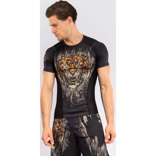 Koszulka męska Rashguard z krótkim rękawem Venum Tiger, czarno-pomarańczowa neonowa