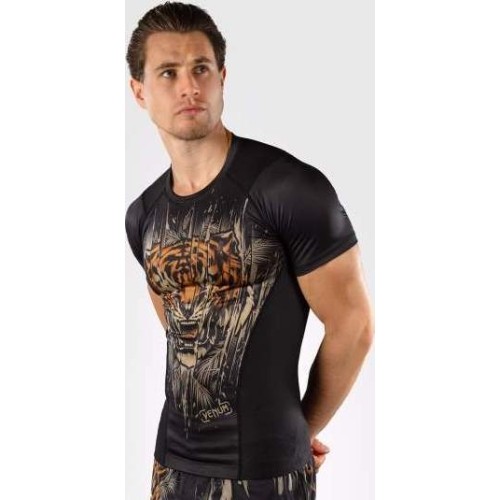 Koszulka męska Rashguard z krótkim rękawem Venum Tiger, czarno-pomarańczowa neonowa