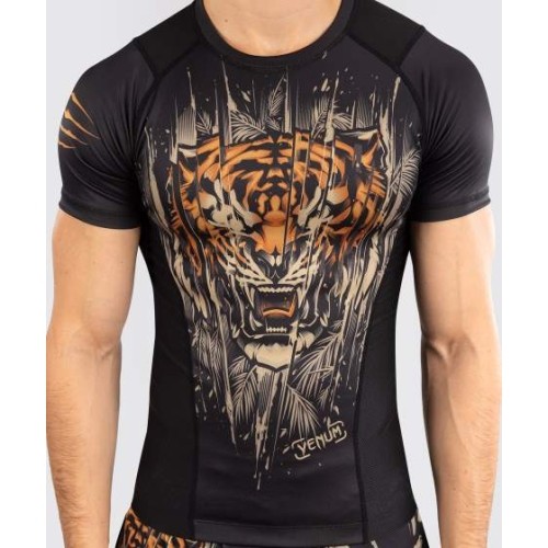 Koszulka męska Rashguard z krótkim rękawem Venum Tiger, czarno-pomarańczowa neonowa