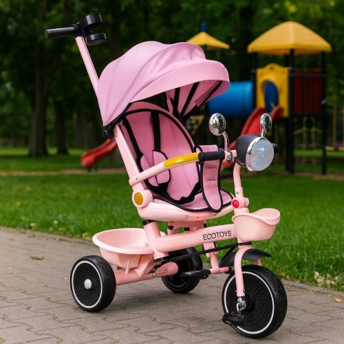 Rowerek trójkołowy dla dzieci ECOTOYS spacerówka, obracane siedzisko, pchacz, różowy