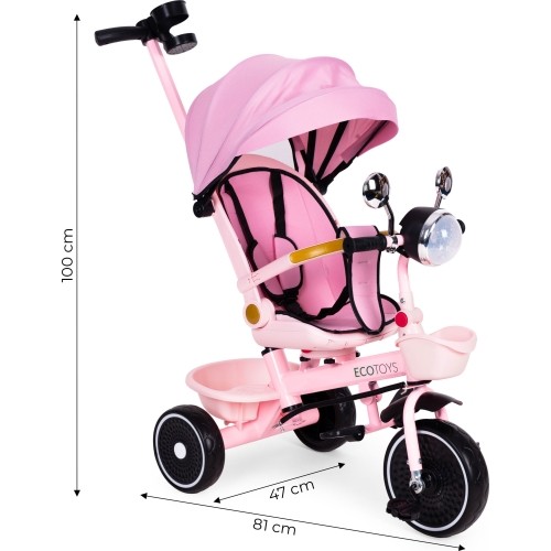 Rowerek trójkołowy dla dzieci ECOTOYS spacerówka, obracane siedzisko, pchacz, różowy