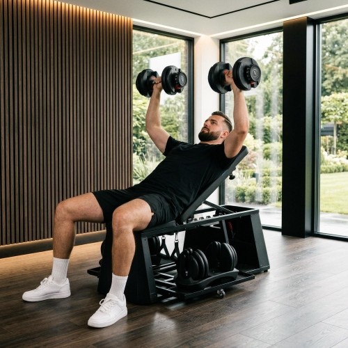 ADJUSTABLE WEIGHT BENCH WITH STORAGE, CHEST FLY ARMS LM4012 + 2X ADJUSTABLE DUMBBELL SET SR52 HMS