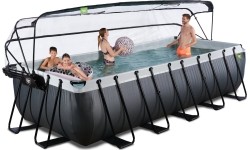 Basen EXIT Black Leather 540x250x122cm z pompą filtrującą piaskową, kopułą i pompą ciepła – czarny