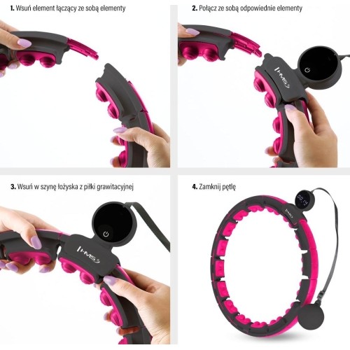 Magnetyczne hula hoop HHM16 czarno-różowe z obciążnikiem i licznikiem HMS + pas na talię BR163 czarny