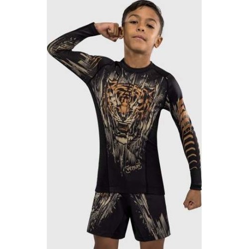 Koszulka rashguard Venum Tiger Kids z długim rękawem, czarno-pomarańczowa neon