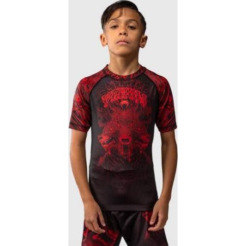 Koszulka rashguard dziecięca Venum Wolf Atak z krótkim rękawem – czarno-czerwona