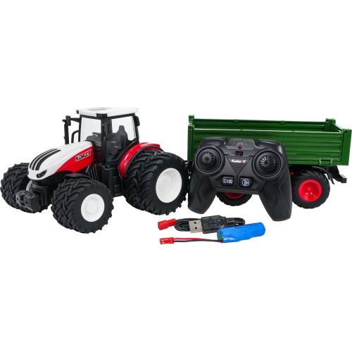 Czerwony traktor zdalnie sterowany z zieloną naczepą