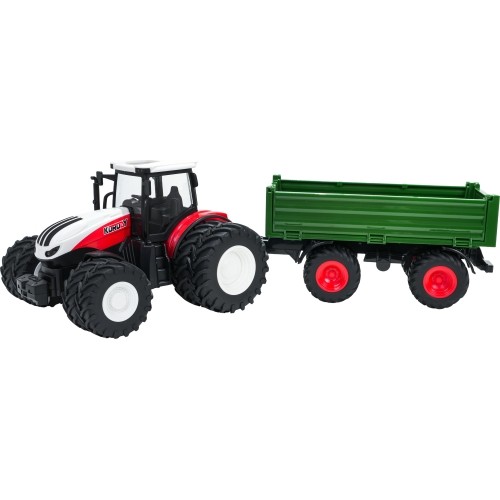 Czerwony traktor zdalnie sterowany z zieloną naczepą
