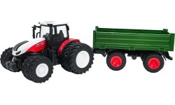 Czerwony traktor zdalnie sterowany z zieloną naczepą