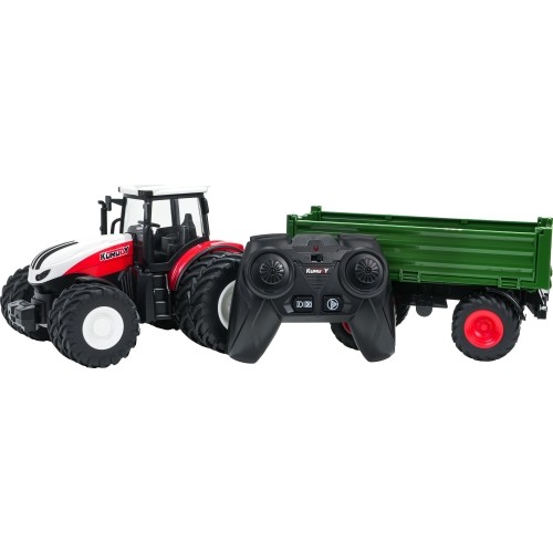 Czerwony traktor zdalnie sterowany z zieloną naczepą