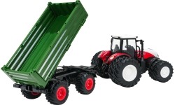 Czerwony traktor zdalnie sterowany z zieloną naczepą