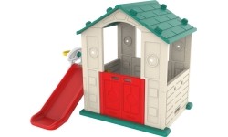 Domek ogrodowy dla dzieci 3w1 ze zjeżdżalnią i koszem, zielony dach