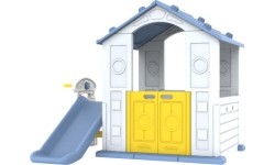Domek ogrodowy dla dzieci 3w1 z niebieskim dachem + zjeżdżalnia + koszykówka