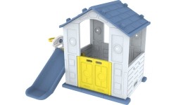 Domek ogrodowy dla dzieci 3w1 z niebieskim dachem + zjeżdżalnia + koszykówka