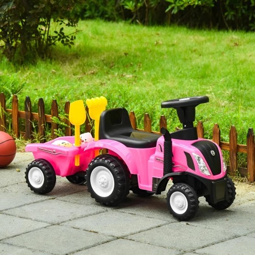 Traktor na pedały z przyczepą, interaktywną kierownicą i dźwiękami dla dzieci, różowy