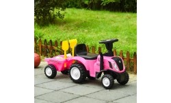 Traktor na pedały z przyczepą, interaktywną kierownicą i dźwiękami dla dzieci, różowy