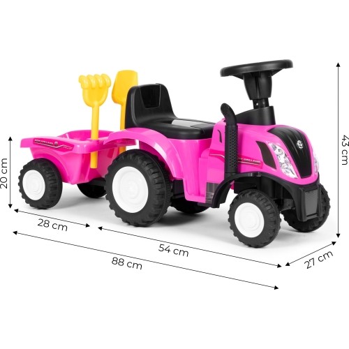 Traktor na pedały z przyczepą, interaktywną kierownicą i dźwiękami dla dzieci, różowy