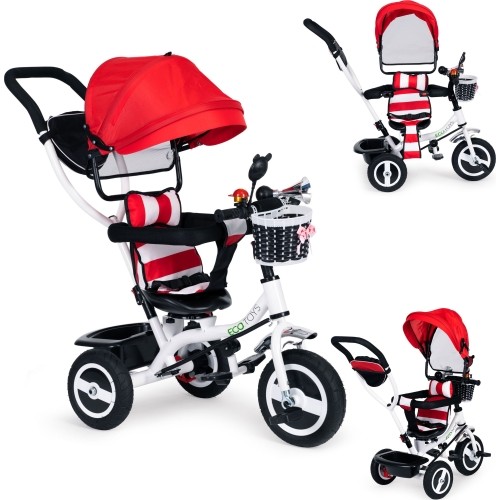 Rowerek trójkołowy ECOTOYS z obrotowym daszkiem i wytrzymałymi gumowymi kołami, czerwony
