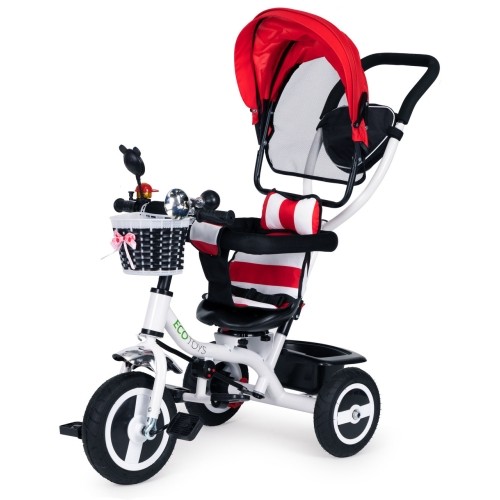Rowerek trójkołowy ECOTOYS z obrotowym daszkiem i wytrzymałymi gumowymi kołami, czerwony