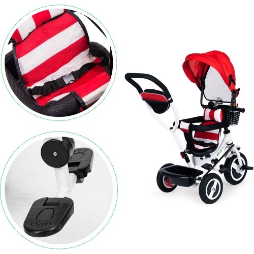 Rowerek trójkołowy ECOTOYS z obrotowym daszkiem i wytrzymałymi gumowymi kołami, czerwony
