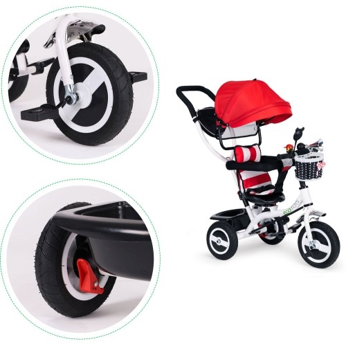 Rowerek trójkołowy ECOTOYS z obrotowym daszkiem i wytrzymałymi gumowymi kołami, czerwony