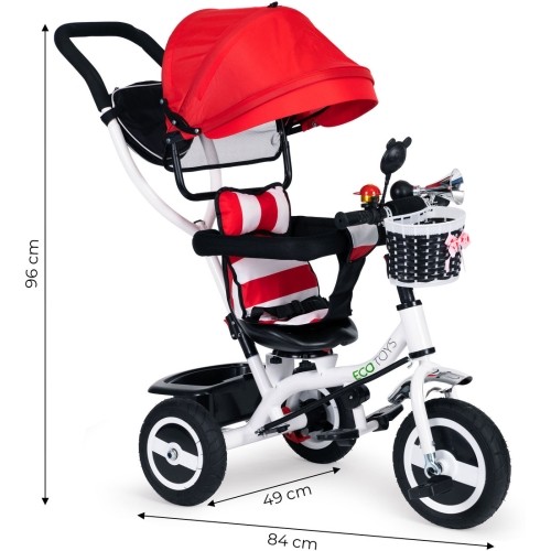 Rowerek trójkołowy ECOTOYS z obrotowym daszkiem i wytrzymałymi gumowymi kołami, czerwony