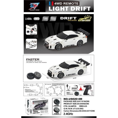 Samochód zdalnie sterowany do driftu 1:20 z funkcją świateł, biały