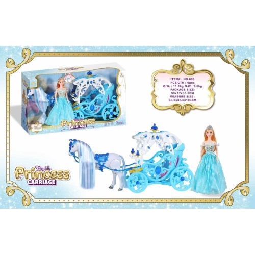 Blue coach with white horse + princess doll