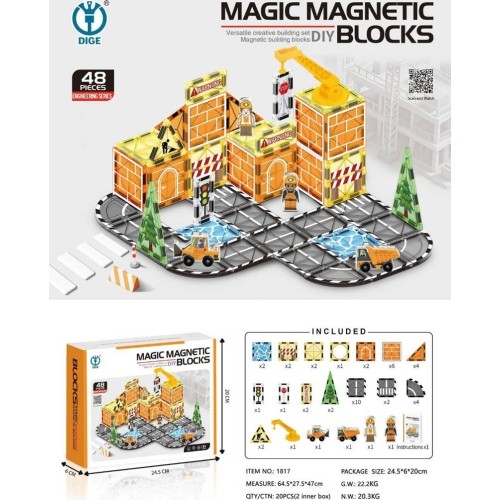 Magnetyczny zestaw klocków Plac Budowy, 48 szt.